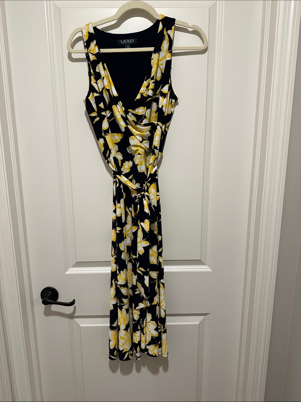 Lauren Ralph Lauren  Navy Blue & Yellow Floral Sleeveless Wrap Dress